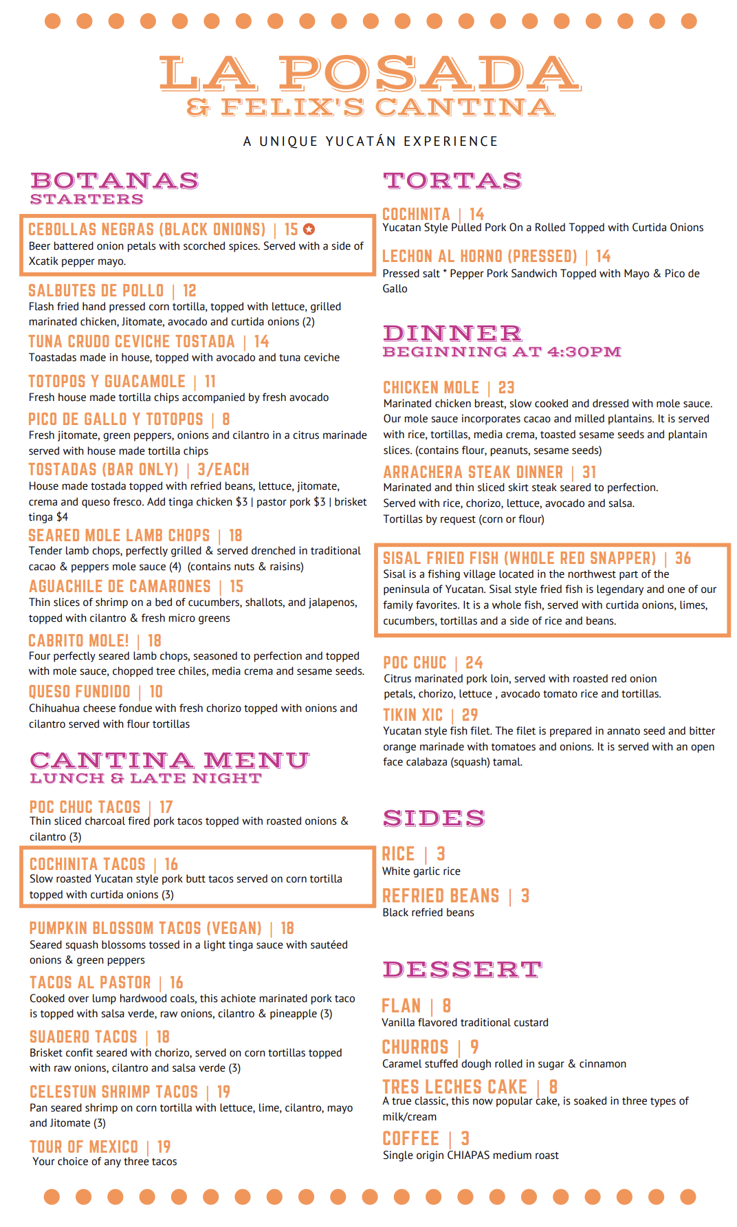 menu from La Posada and Felix's Cantina