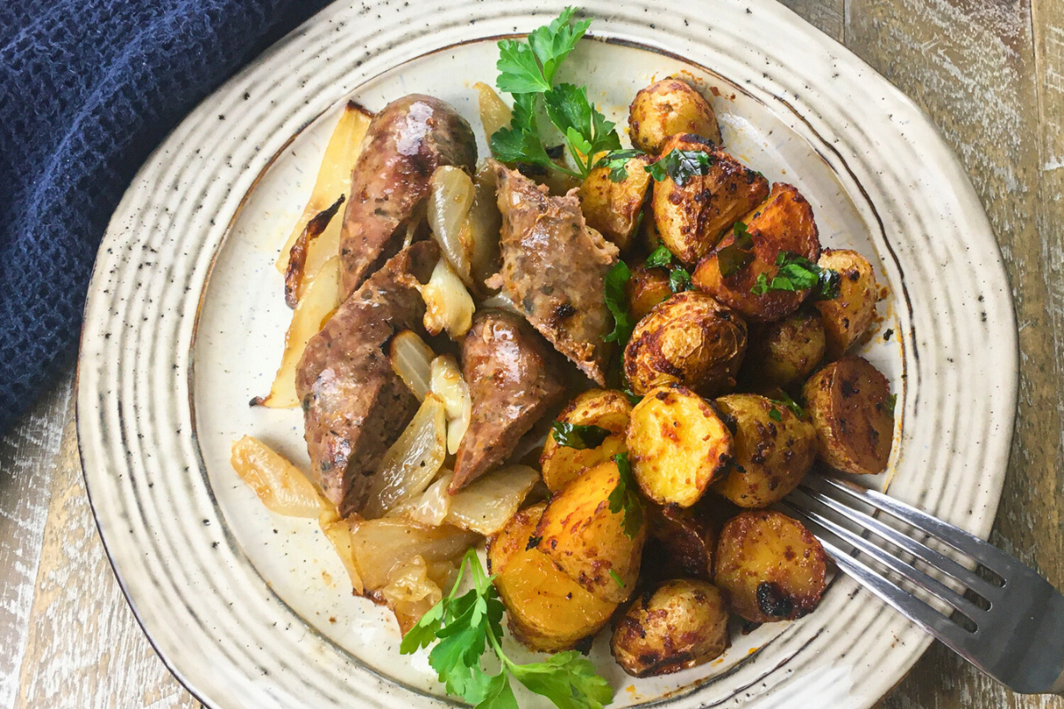Easy Chorizo and Potatoes Sheet Pan Dinner on a white plate