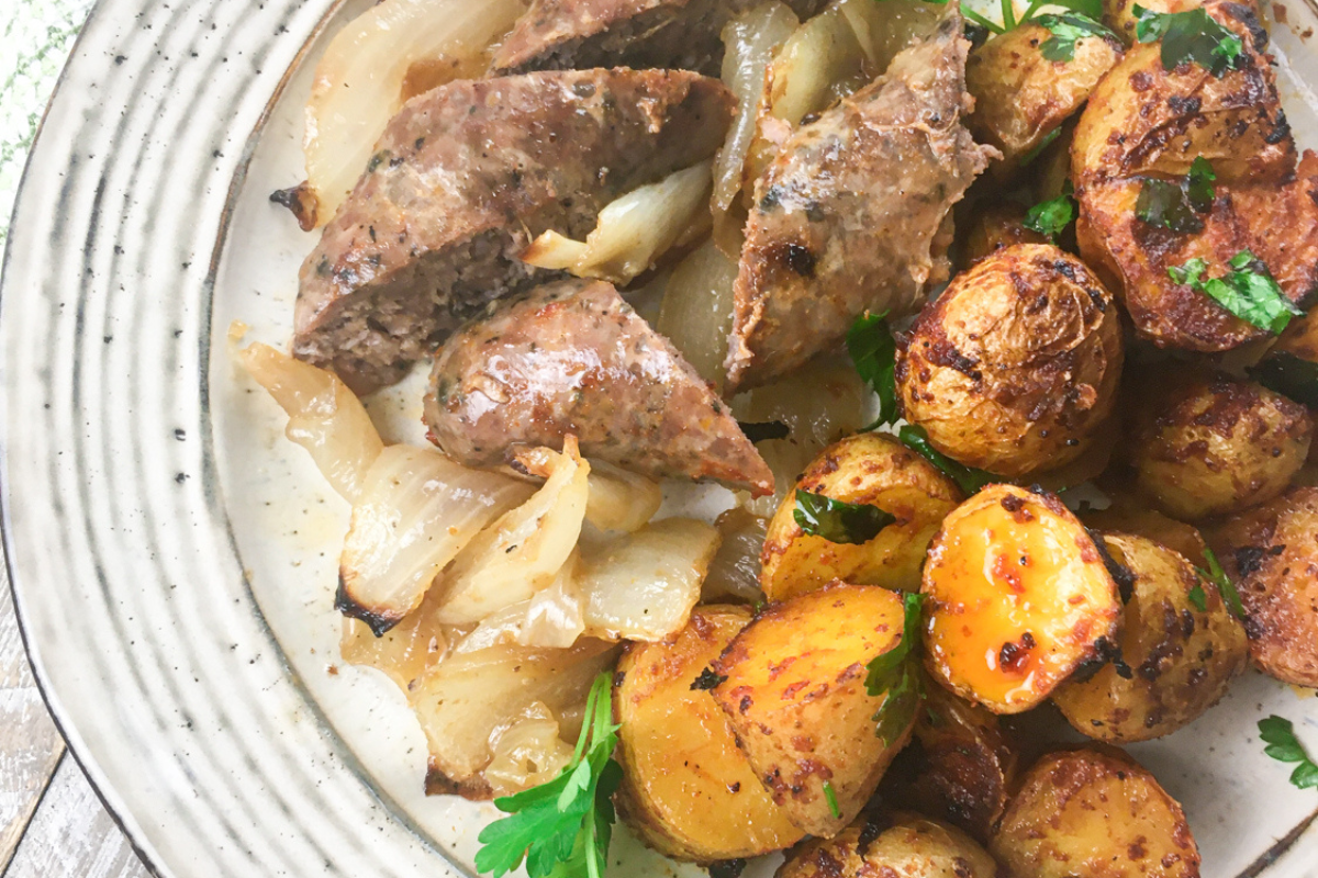Easy Chorizo and Potatoes Sheet Pan Dinner on a white plate