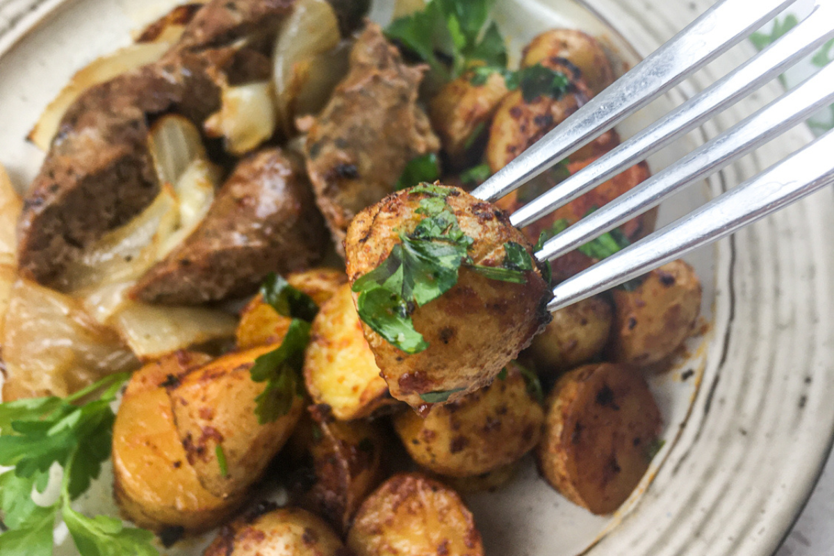 Easy Chorizo and Potatoes Sheet Pan Dinner on a white plate