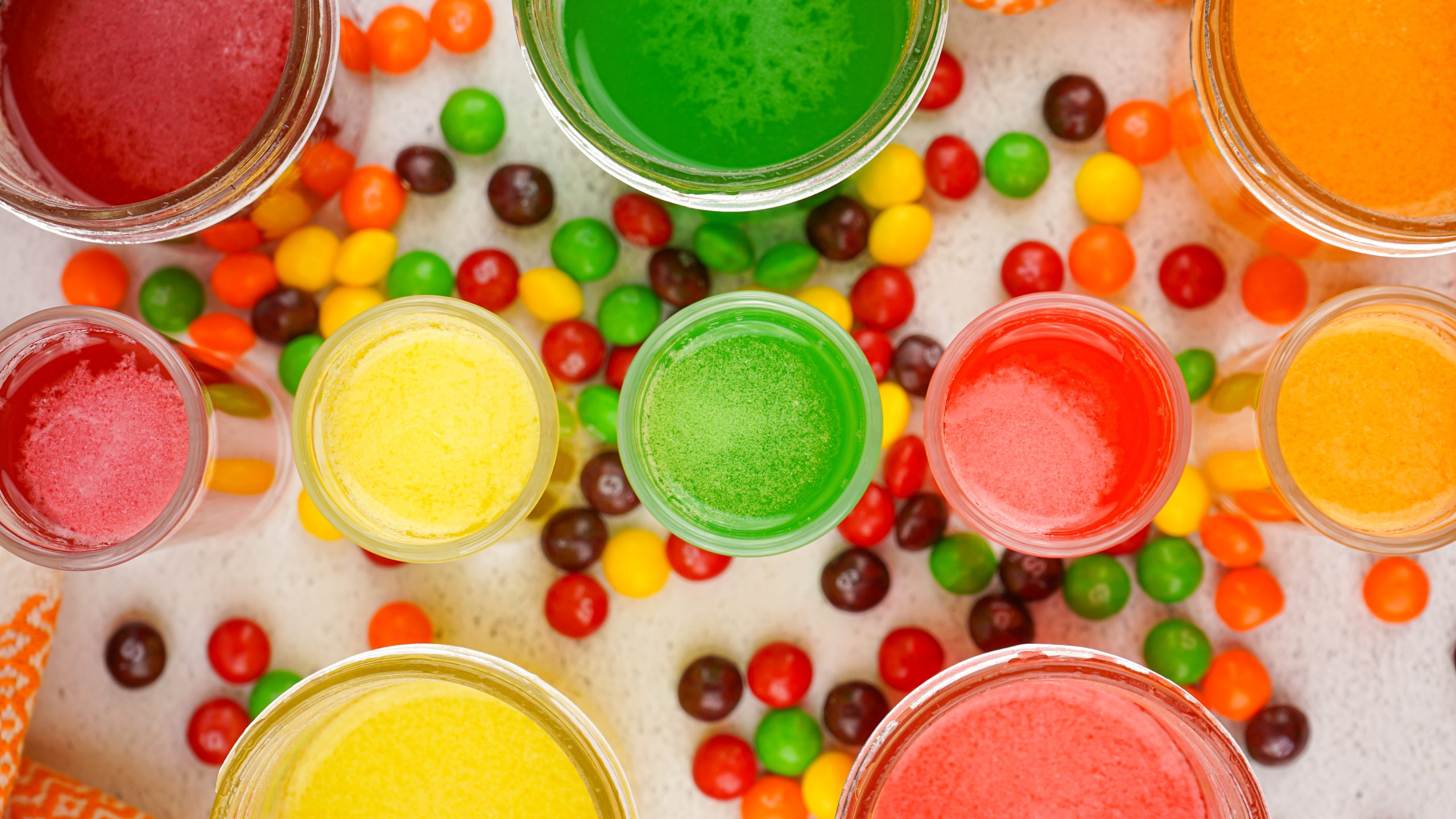 overhead of candy vodka shots