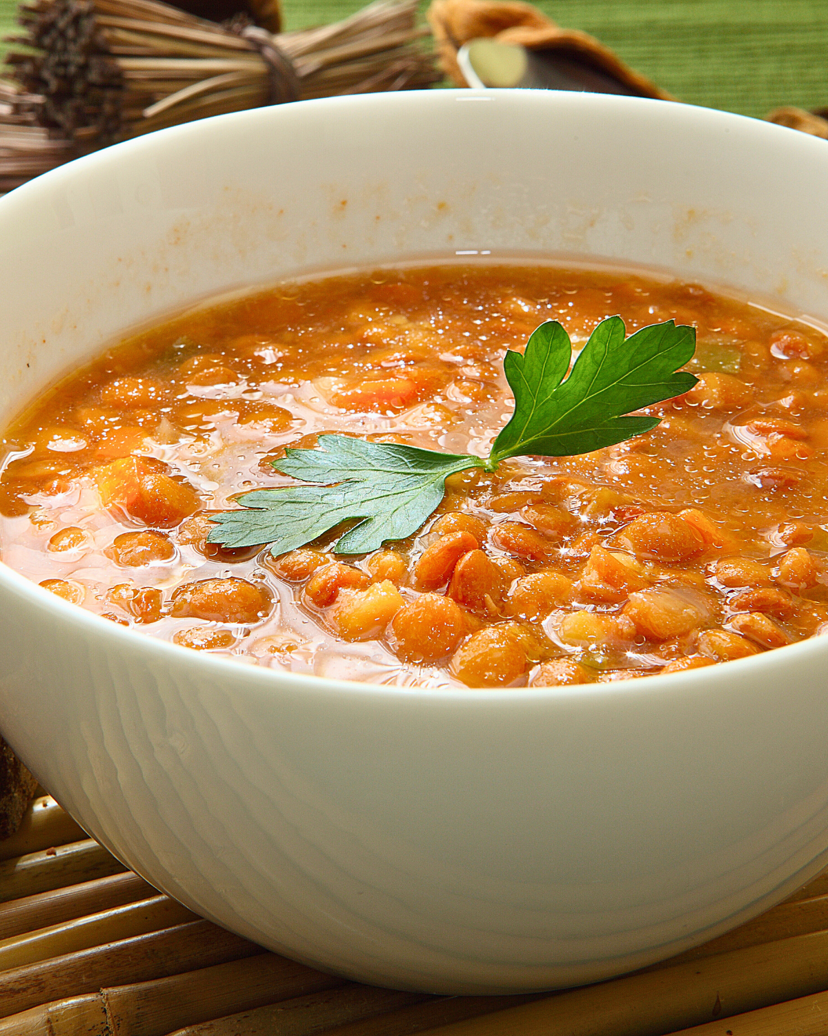 Slow Cooker Lentil Soup in a white bowl