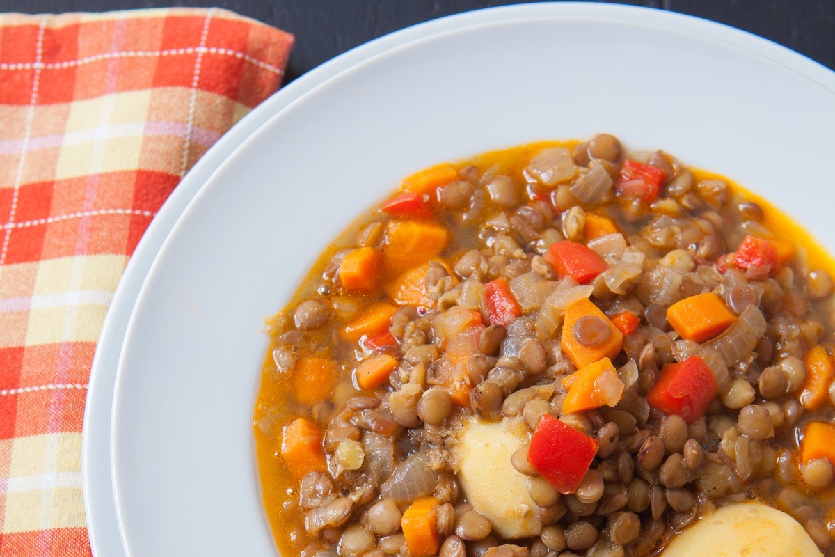Slow Cooker Lentil Soup in a white bowl