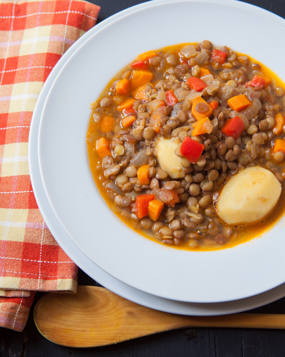 Slow Cooker Lentil Soup in a white bowl