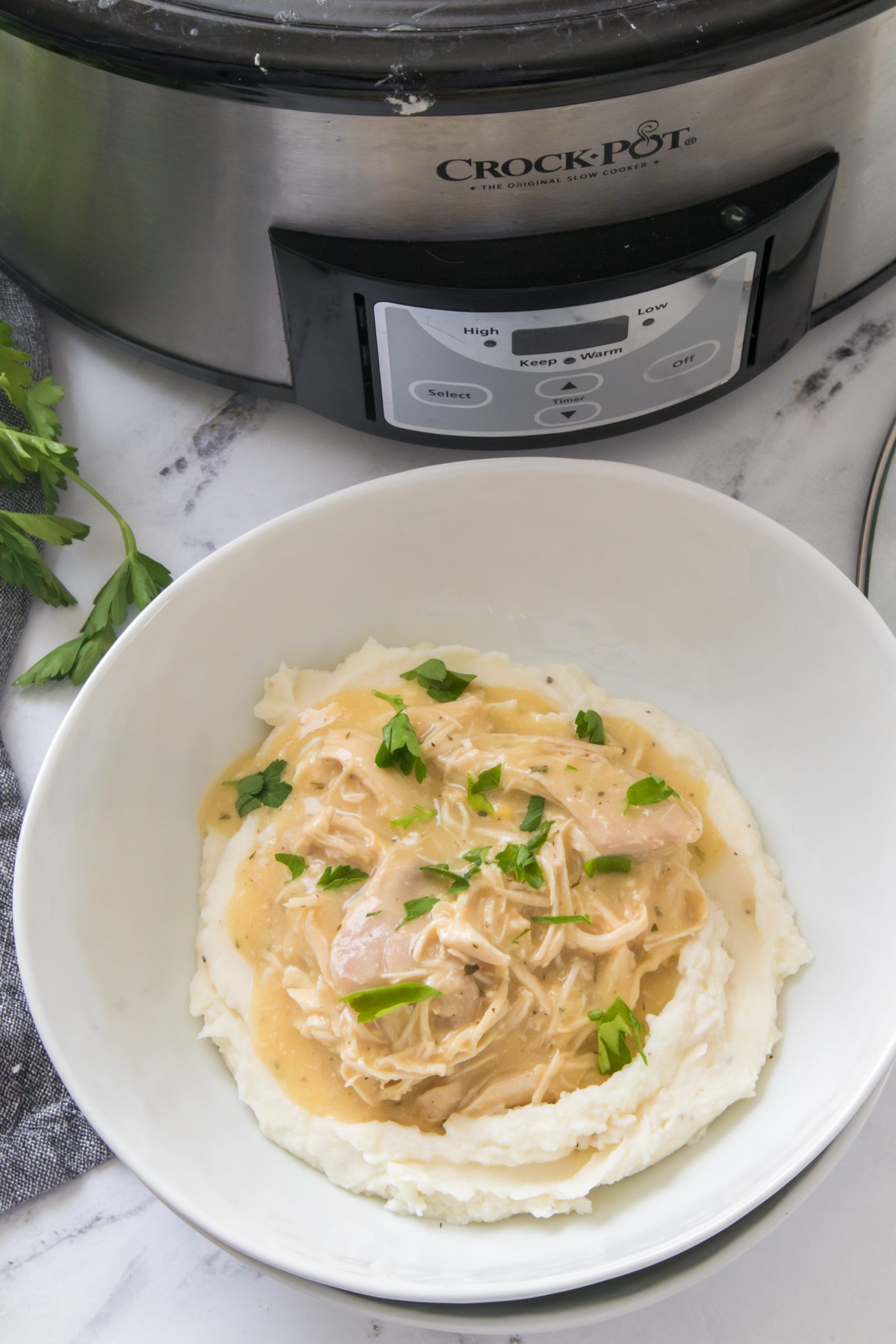 chicken and gravy in a crock pot recipe in a white bowl