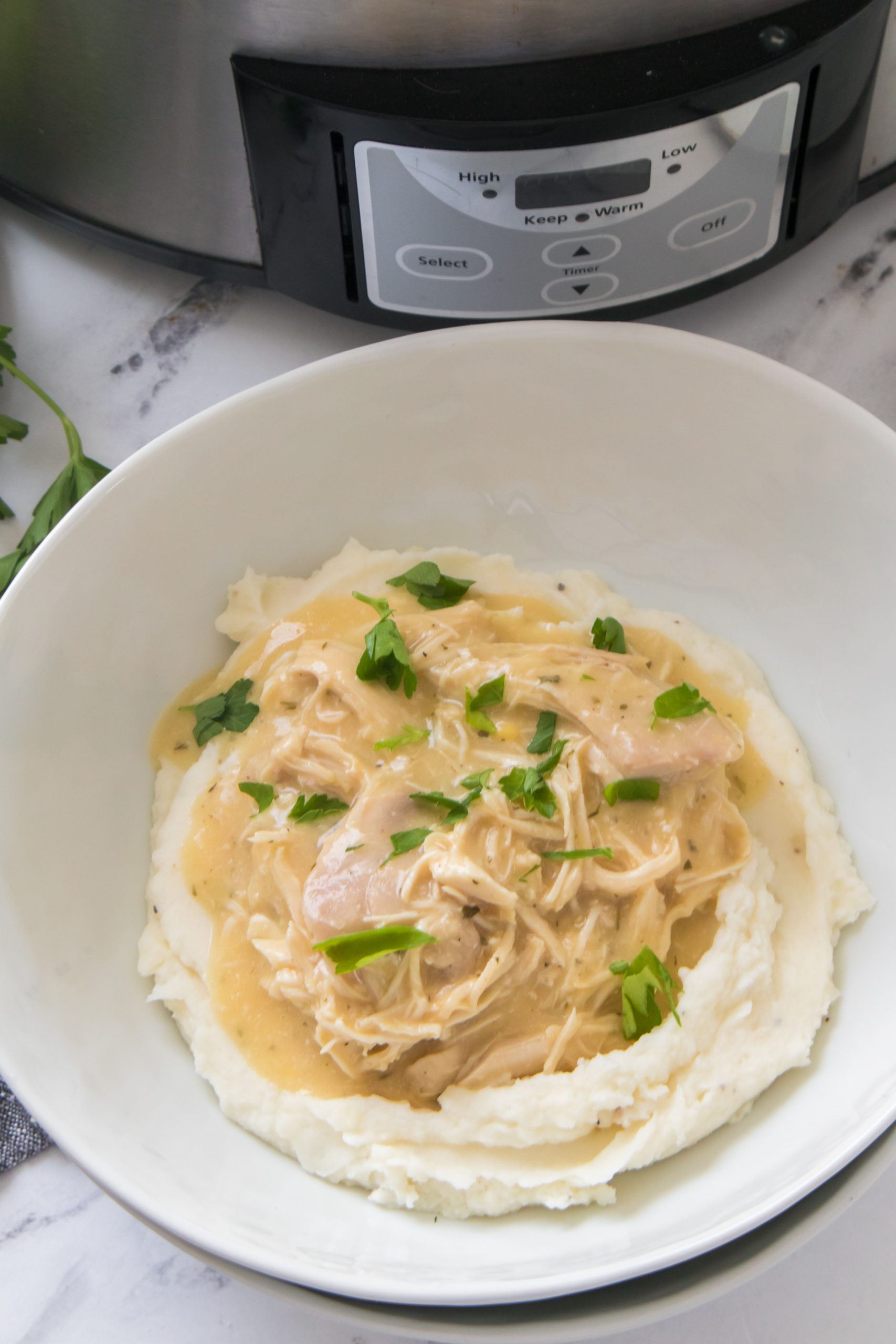 chicken and gravy in a crock pot recipe in a white bowl