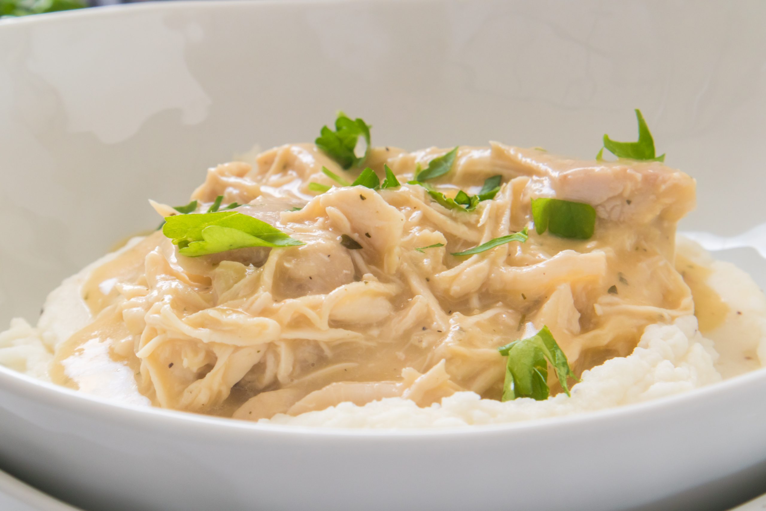 chicken and gravy in a crock pot recipe in a white bowl