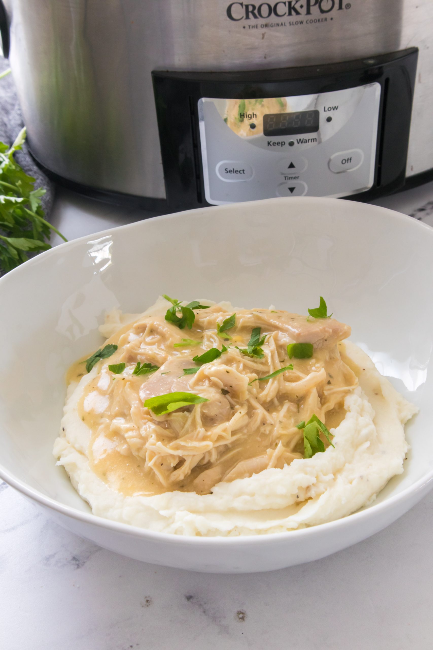 chicken and gravy in a crock pot recipe in a white bowl