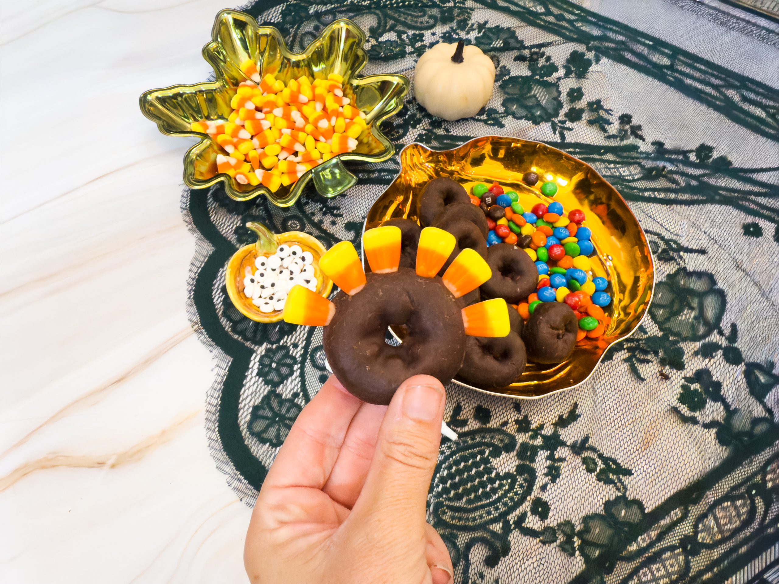 turkey donuts on a pumpkin tray