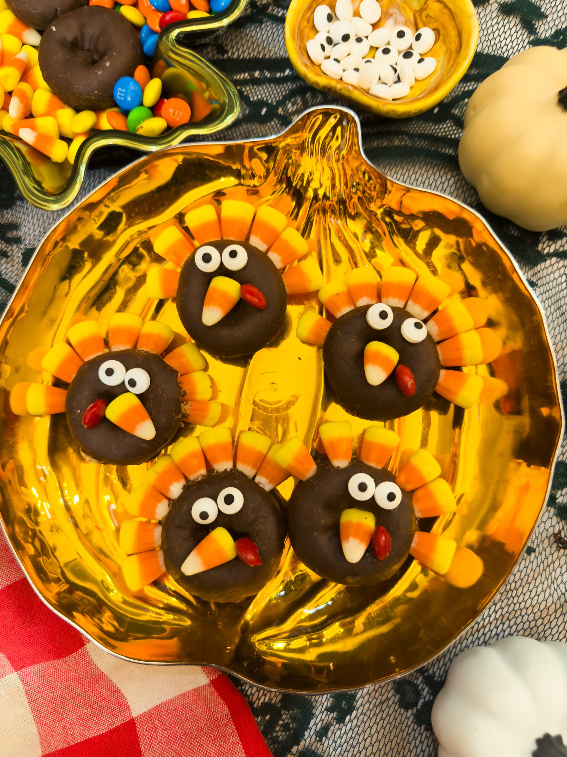 turkey donuts on a pumpkin tray