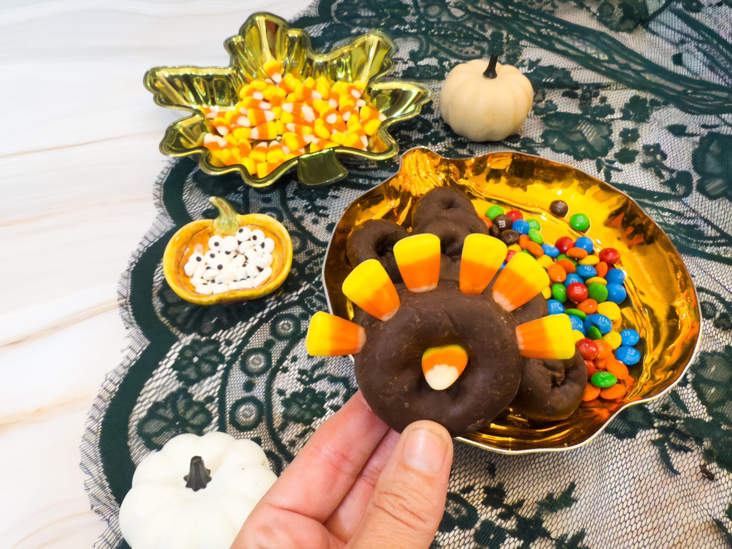 turkey donuts on a pumpkin tray