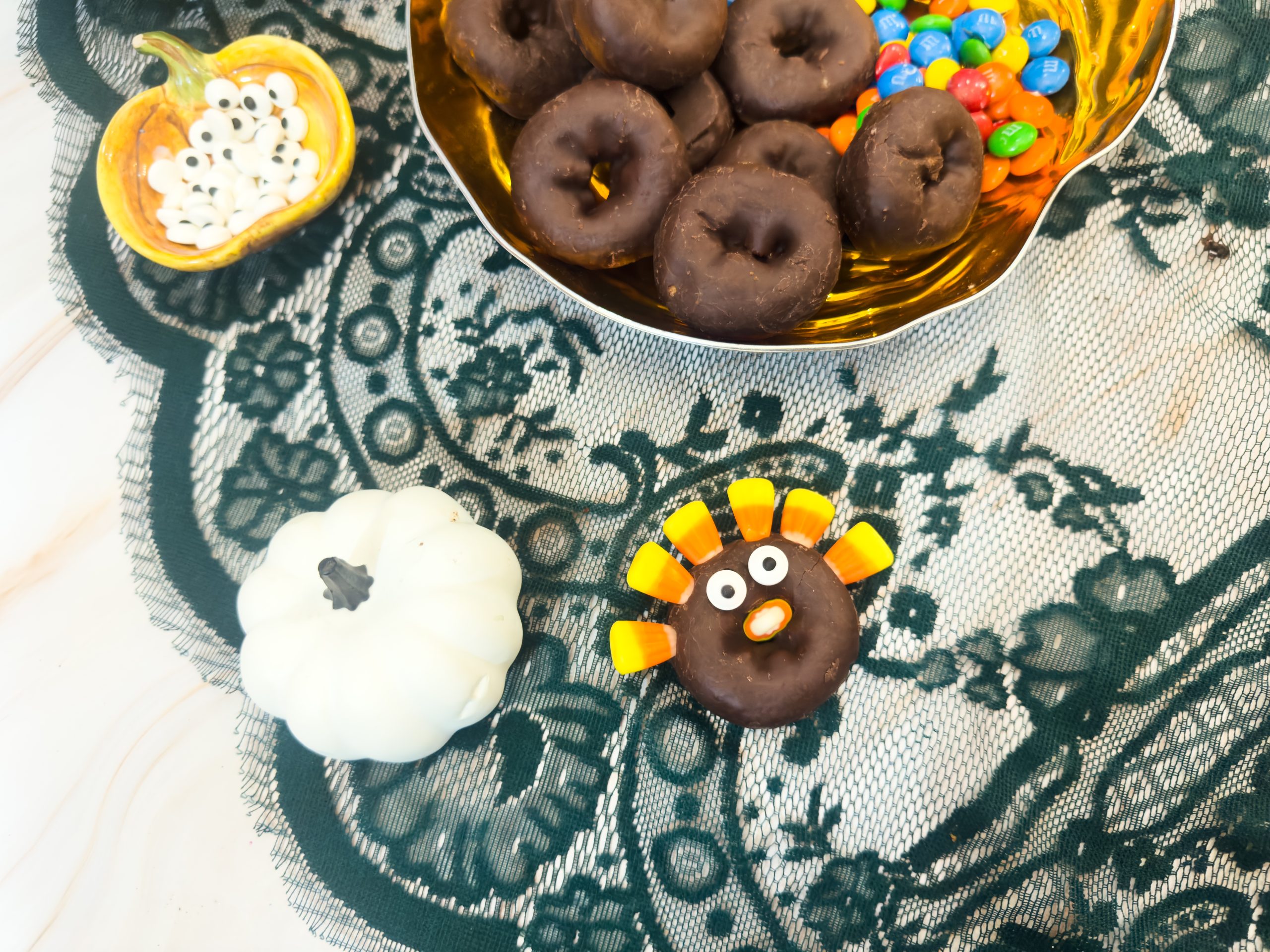 turkey donuts on a pumpkin tray