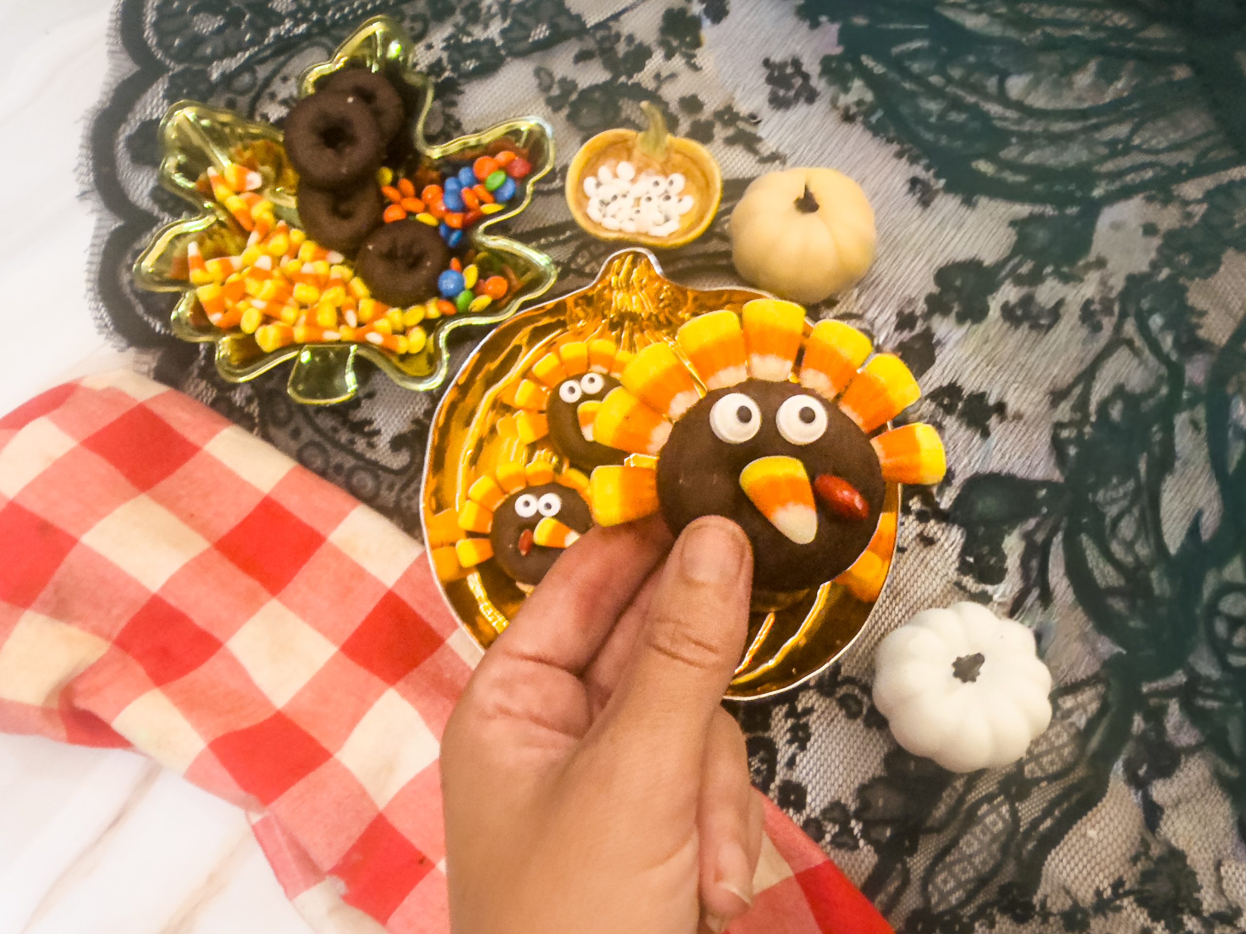 turkey donuts on a pumpkin tray