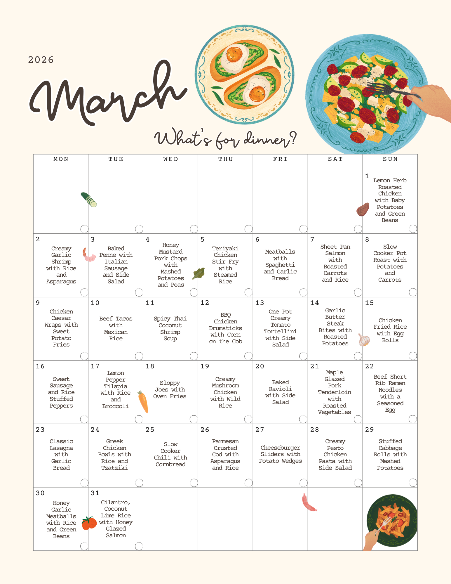 March dinner calendar