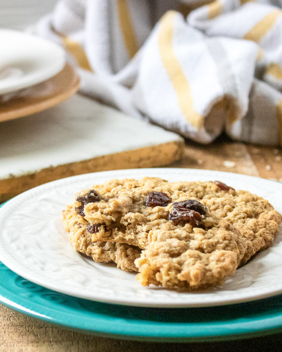 Stack of classic oatmeal raisin cookies with plump raisins and crispy edges