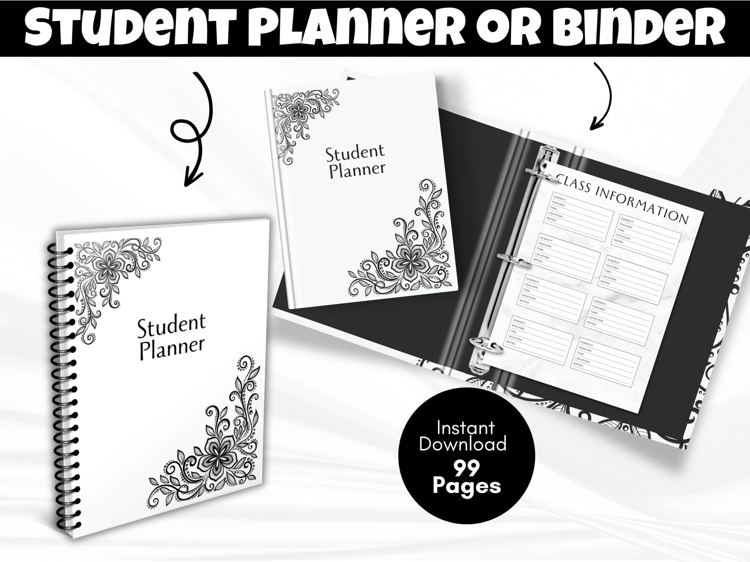 student planner black and white