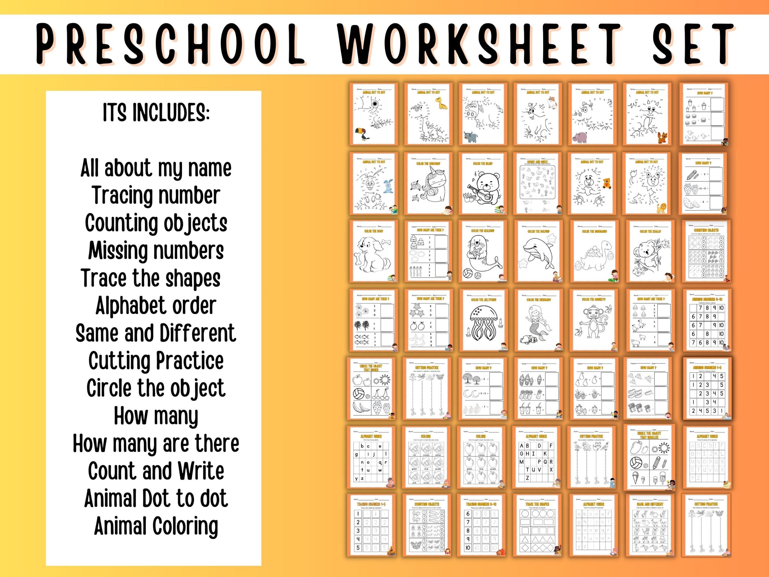 orange preschool worksheet set