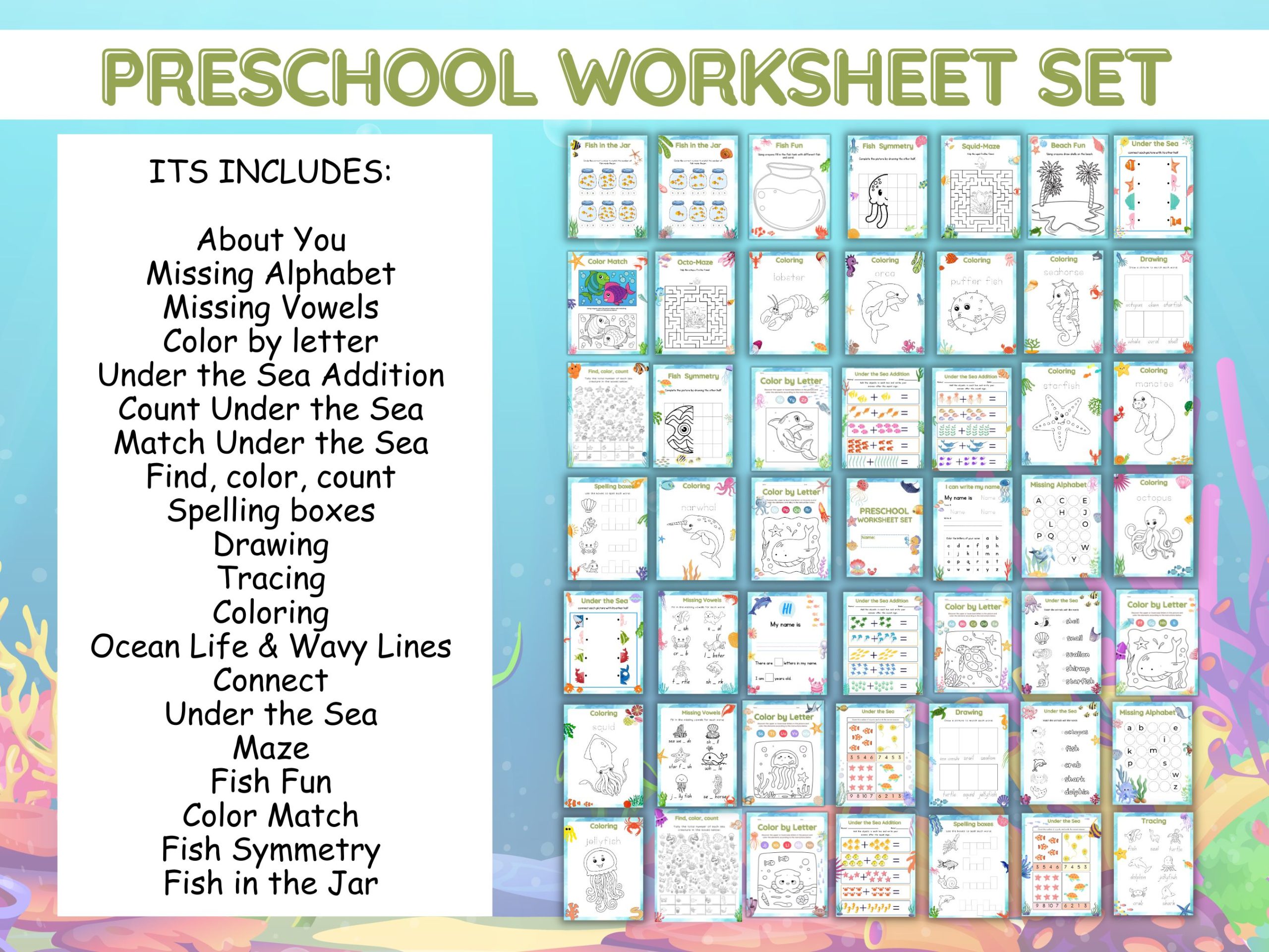 under the sea preschool worksheet set