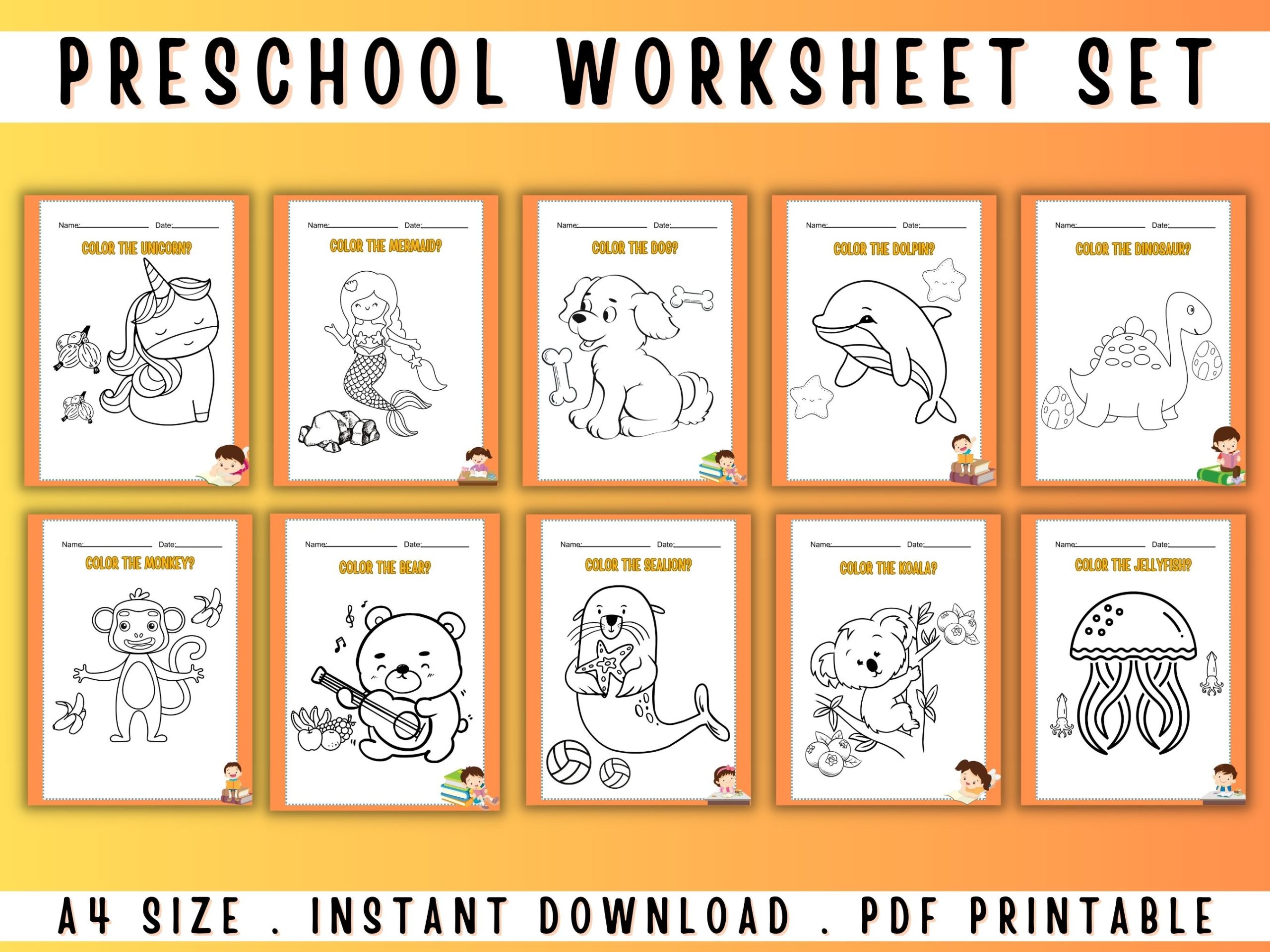 orange preschool worksheet set