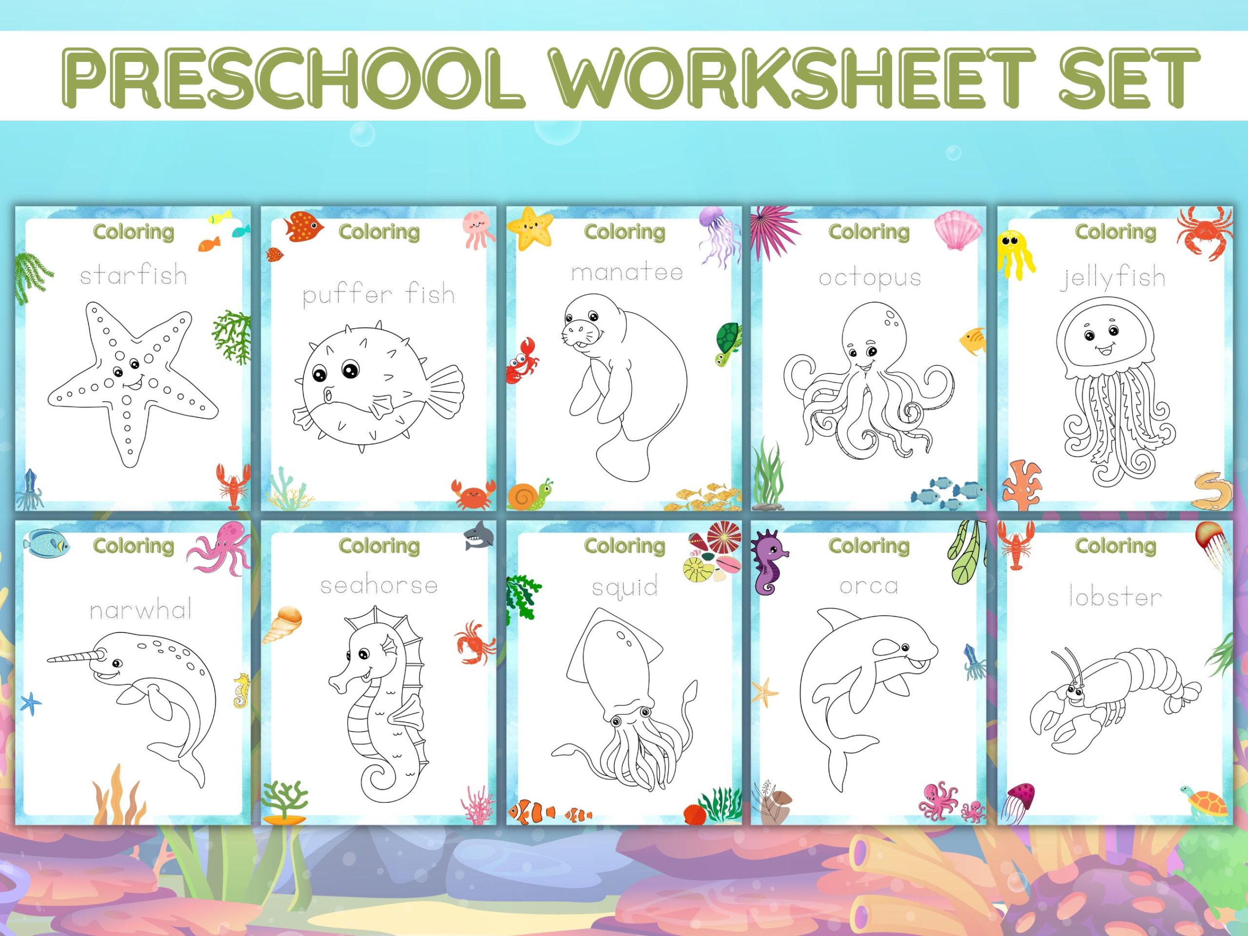 under the sea preschool worksheet set