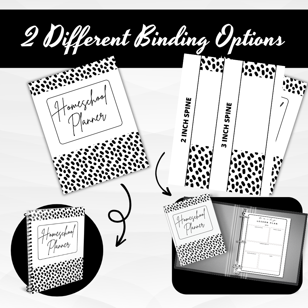 Printable 100-page Homeschool Planner and Binder featuring lesson planning pages, attendance logs, grade trackers, reading logs, field trip planners, monthly calendars, and organizational worksheets for homeschooling families.