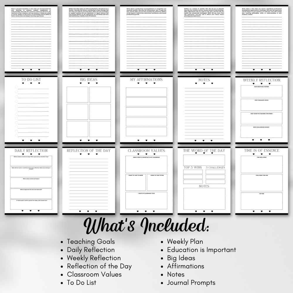 Teacher Reflection Journal black and white