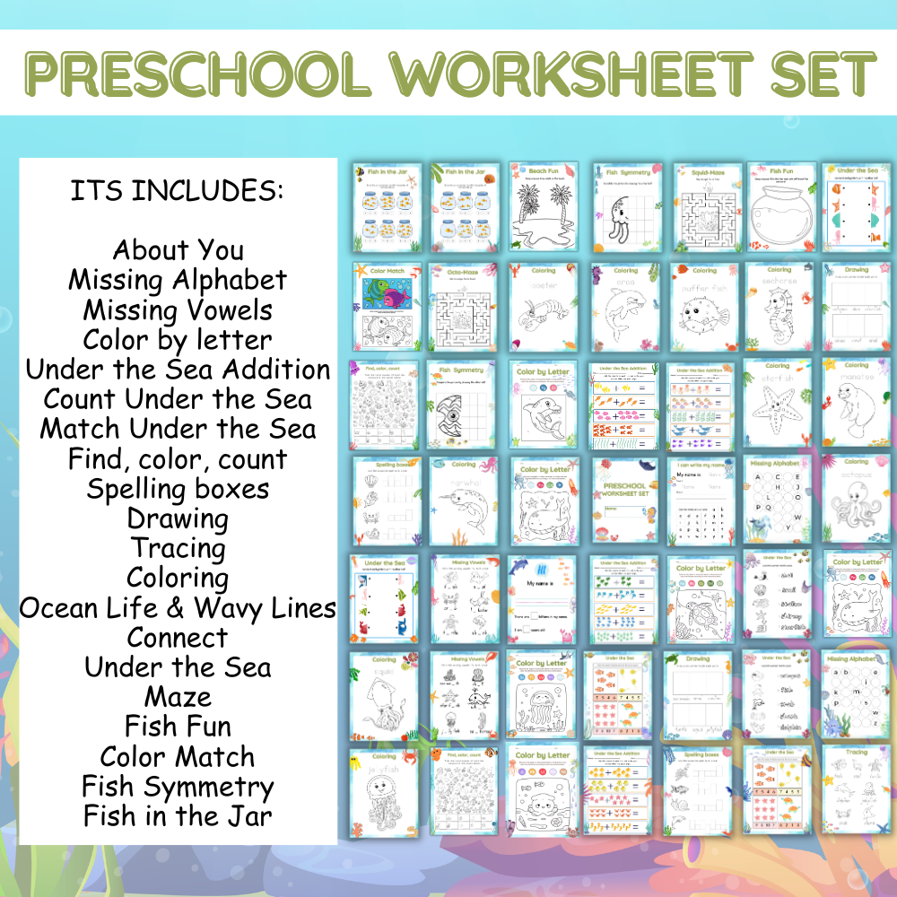 preschool under the sea worksheet mockup