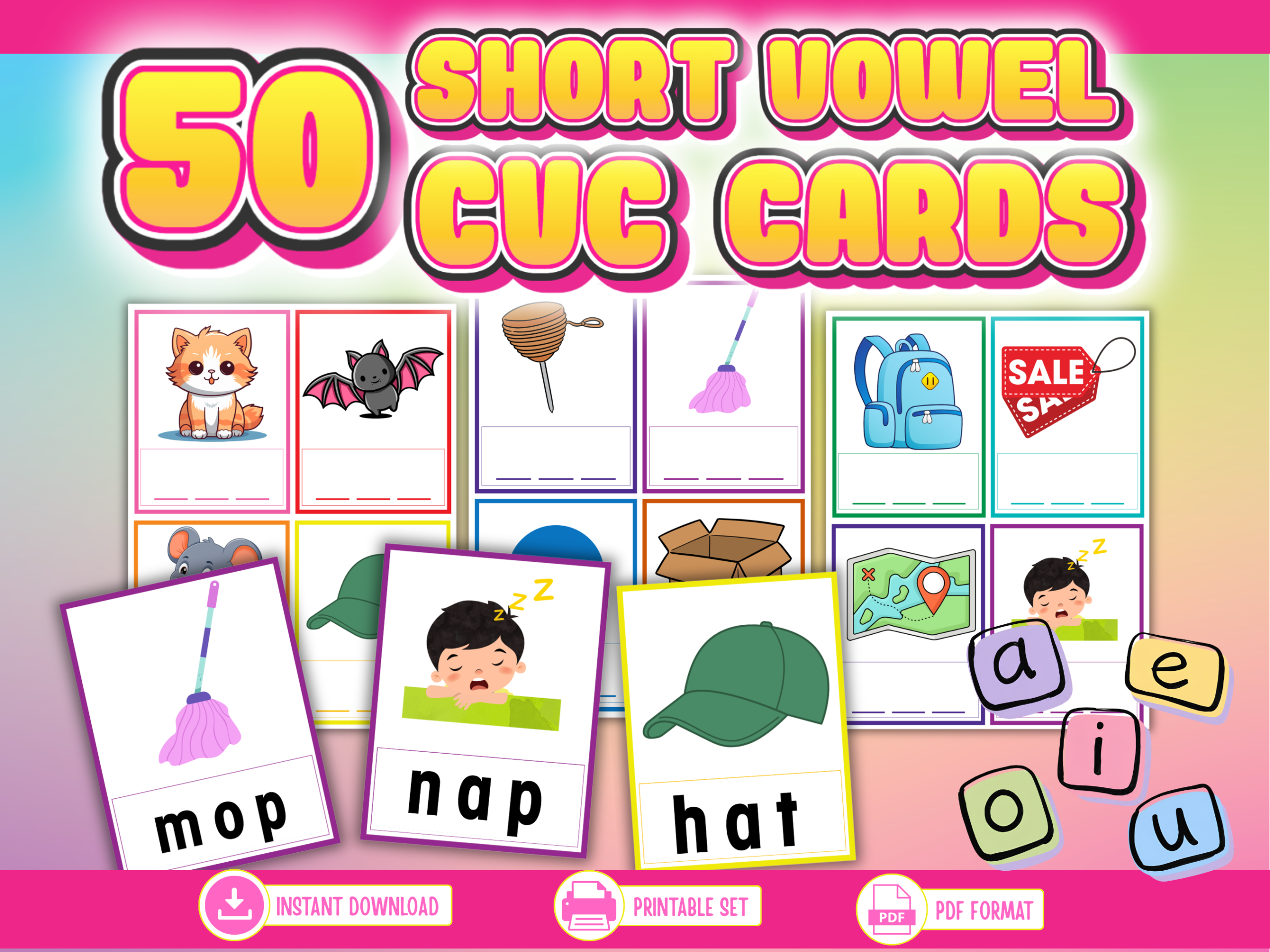 50 Short Vowel CVC Word Cards mockup