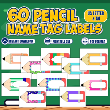 60 printable pencil name tag labels for classrooms in colorful designs, available as instant download PDFs in US Letter and A4 sizes. mockup