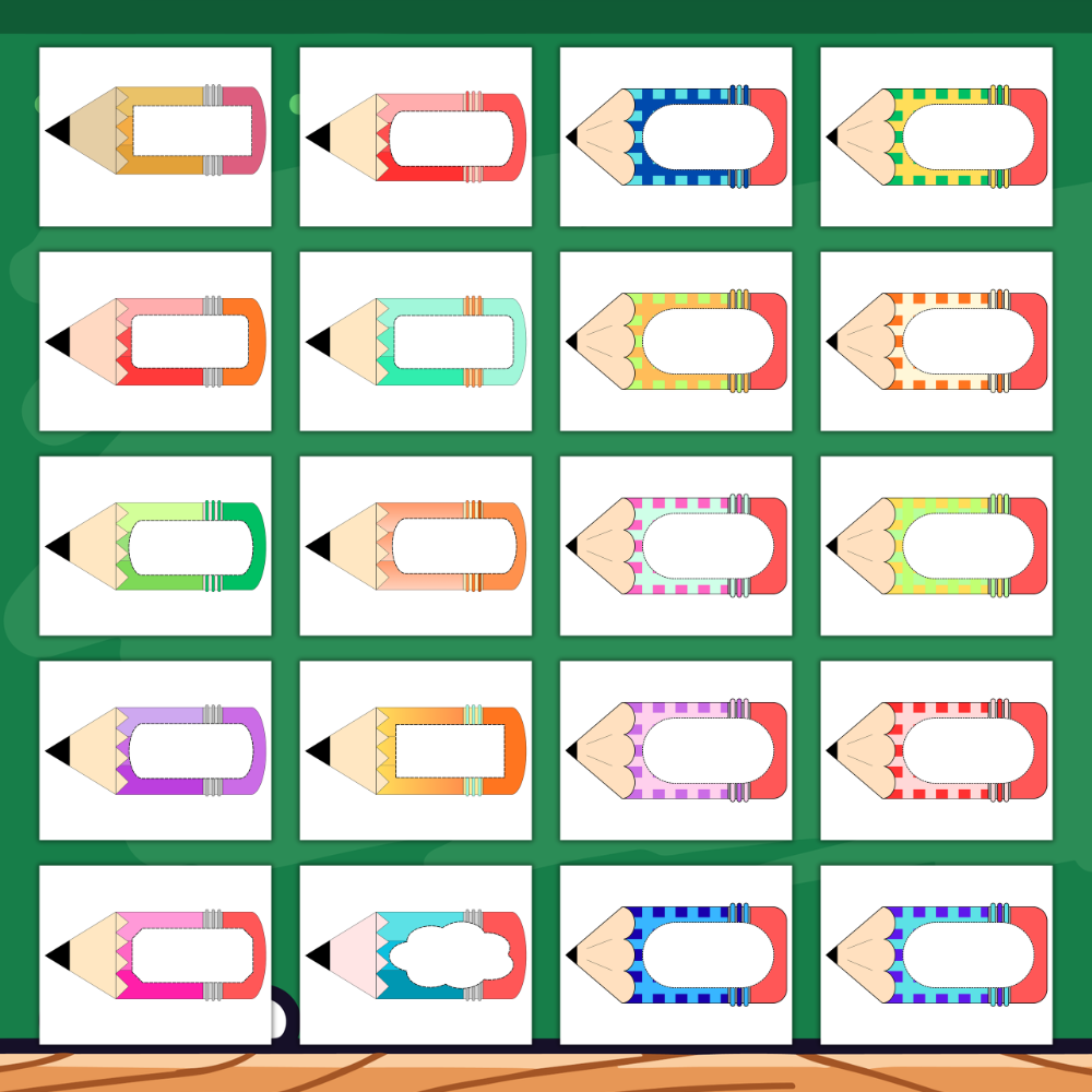 60 printable pencil name tag labels for classrooms in colorful designs, available as instant download PDFs in US Letter and A4 sizes. mockup