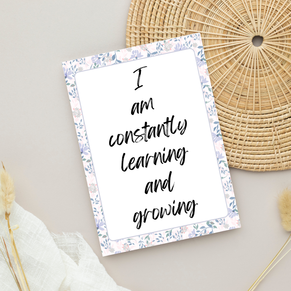 Floral printable affirmation cards featuring self-love and gratitude quotes.