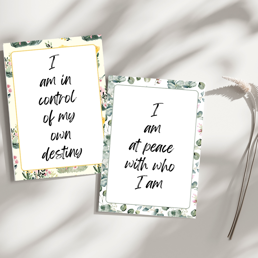 Floral printable affirmation cards featuring self-love and gratitude quotes.