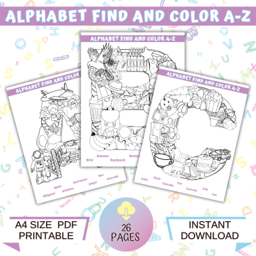 Alphabet Find and Color A-Z printable showing illustrated A, B, and C letter coloring worksheets with 26-page instant download mockup