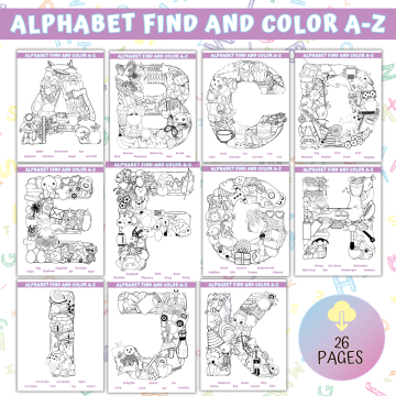 Alphabet Find and Color A-Z printable activity book cover featuring 26 educational coloring pages. mockup
