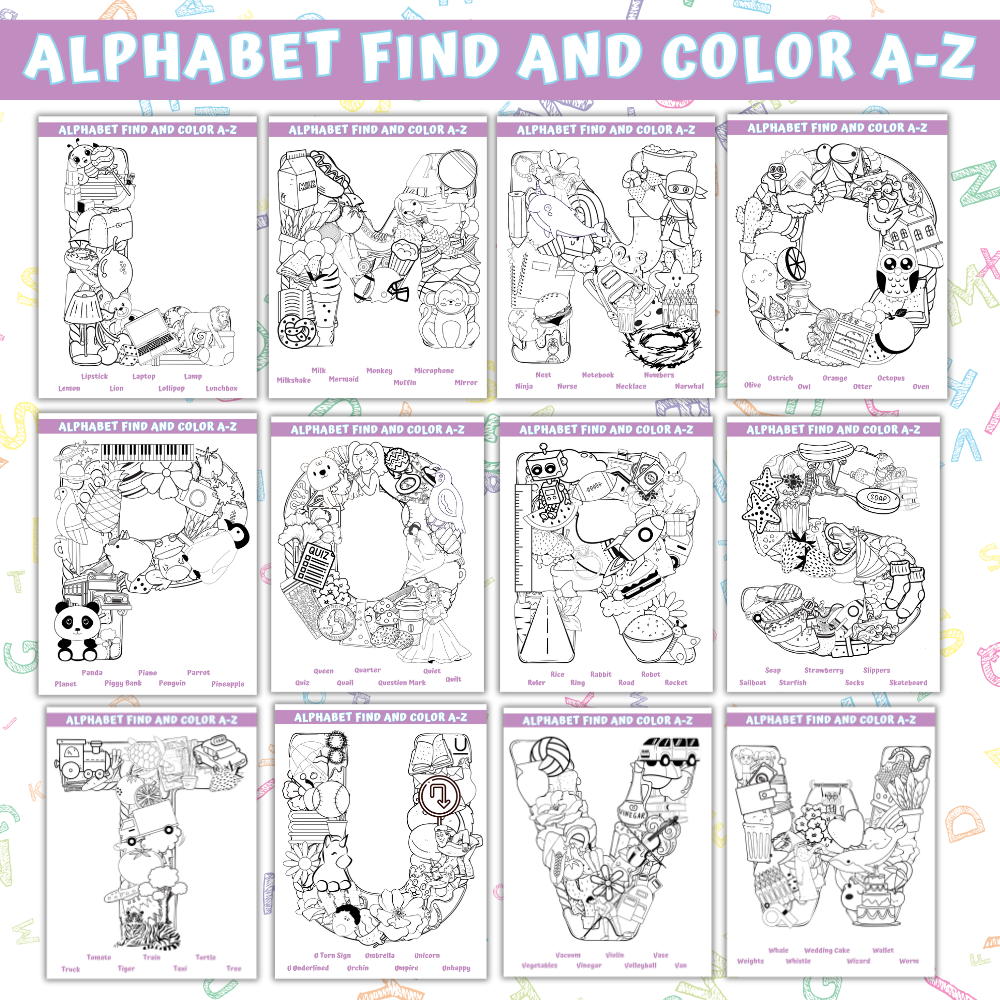 Alphabet Find and Color A-Z printable activity book cover featuring 26 educational coloring pages. mockup