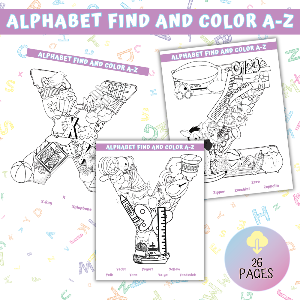 Alphabet Find and Color A-Z printable activity book cover featuring 26 educational coloring pages. mockup