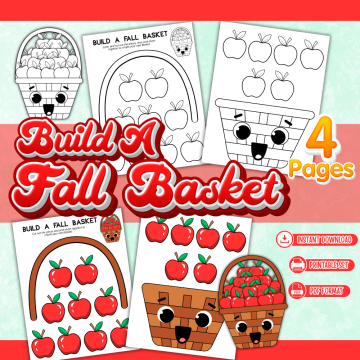 Build a Fall Basket printable craft featuring four color and black-and-white pages with apples and a smiling basket for a preschool autumn cut-and-paste activity.
