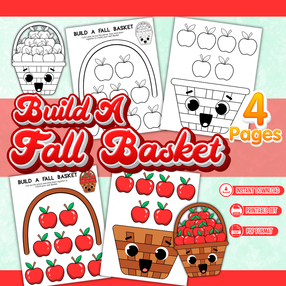 Build a Fall Basket printable craft featuring four color and black-and-white pages with apples and a smiling basket for a preschool autumn cut-and-paste activity.