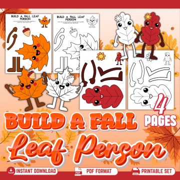 Build a Fall Leaf Person printable craft featuring four pages with orange, red, and black-and-white leaf characters, arms, legs, acorn, and flower pieces for a kids autumn cut-and-paste activity.