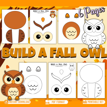 Build a Fall Owl printable craft featuring six pages with brown full-color and black-and-white owl body, wings, eyes, beak, and feet for an autumn cut-and-paste activity.