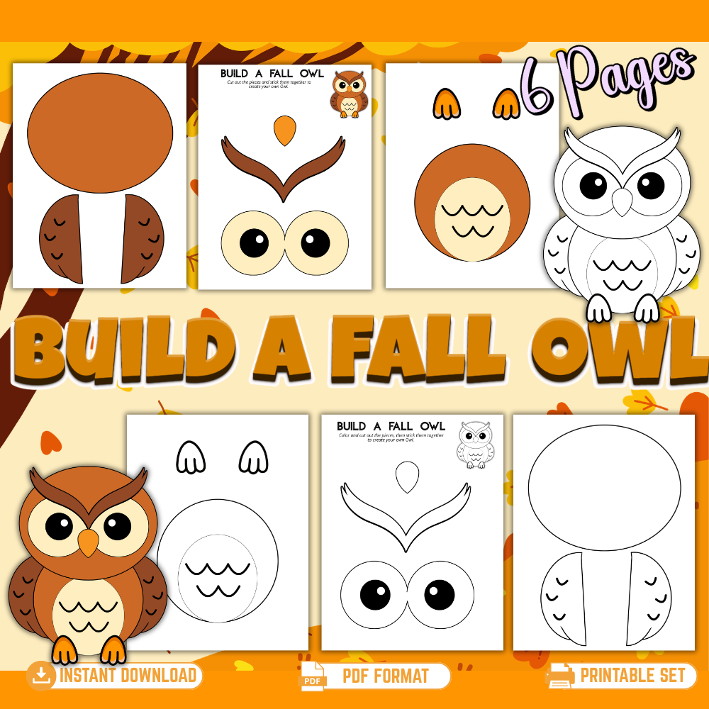 Build a Fall Owl printable craft featuring six pages with brown full-color and black-and-white owl body, wings, eyes, beak, and feet for an autumn cut-and-paste activity.