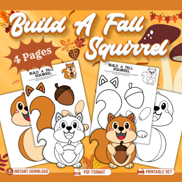 Build a Fall Squirrel printable craft for kids featuring a 4-page autumn cut-and-paste PDF activity with colored and black-and-white squirrel pieces, a fluffy tail, paws, ears, and acorn.