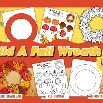 : Build a Fall Wreath printable craft for kids showing an 8-page autumn PDF set with colorful and black-and-white leaves, pumpkins, acorns, mushrooms, and printable wreath bases.