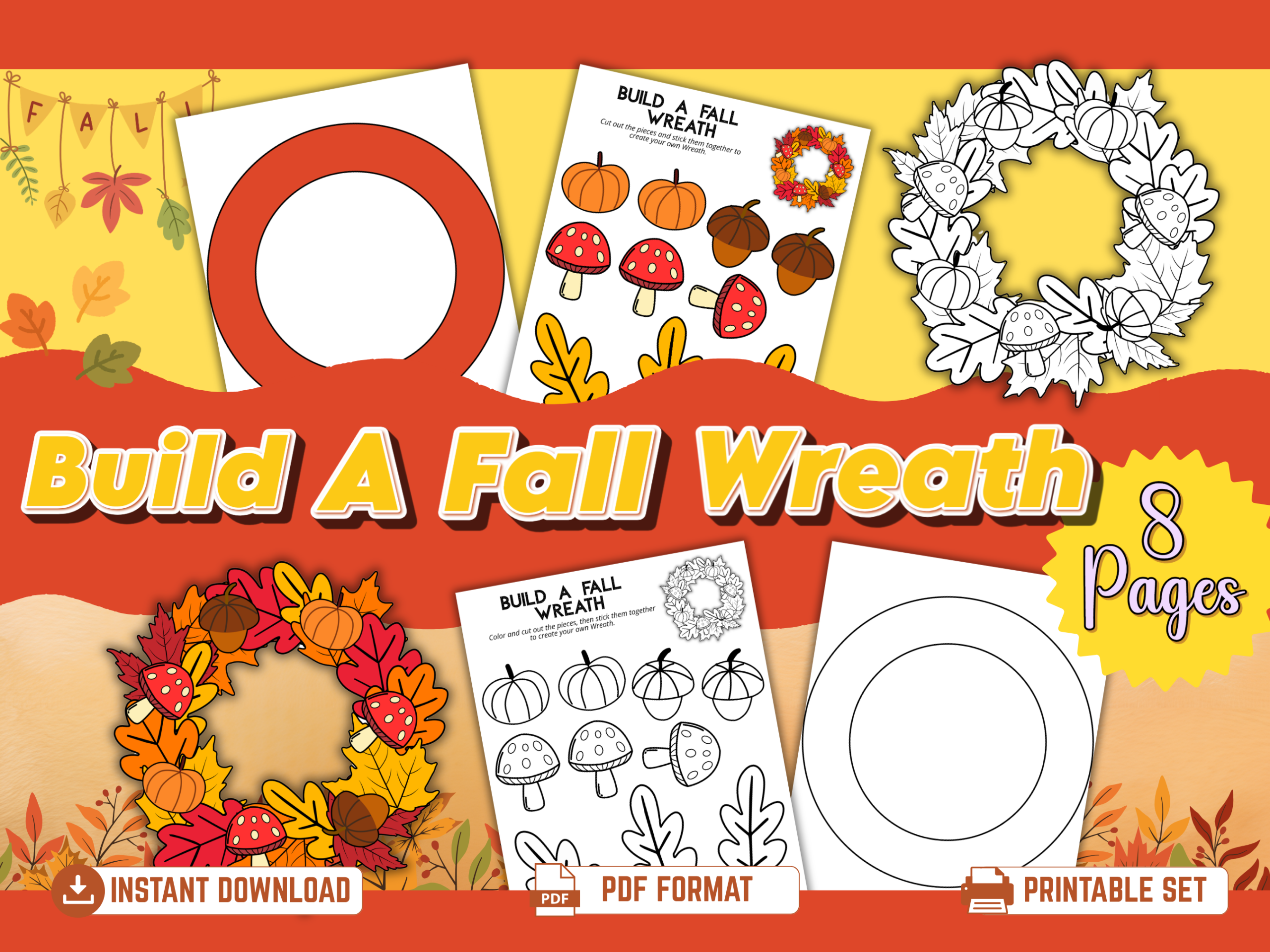 : Build a Fall Wreath printable craft for kids showing an 8-page autumn PDF set with colorful and black-and-white leaves, pumpkins, acorns, mushrooms, and printable wreath bases.