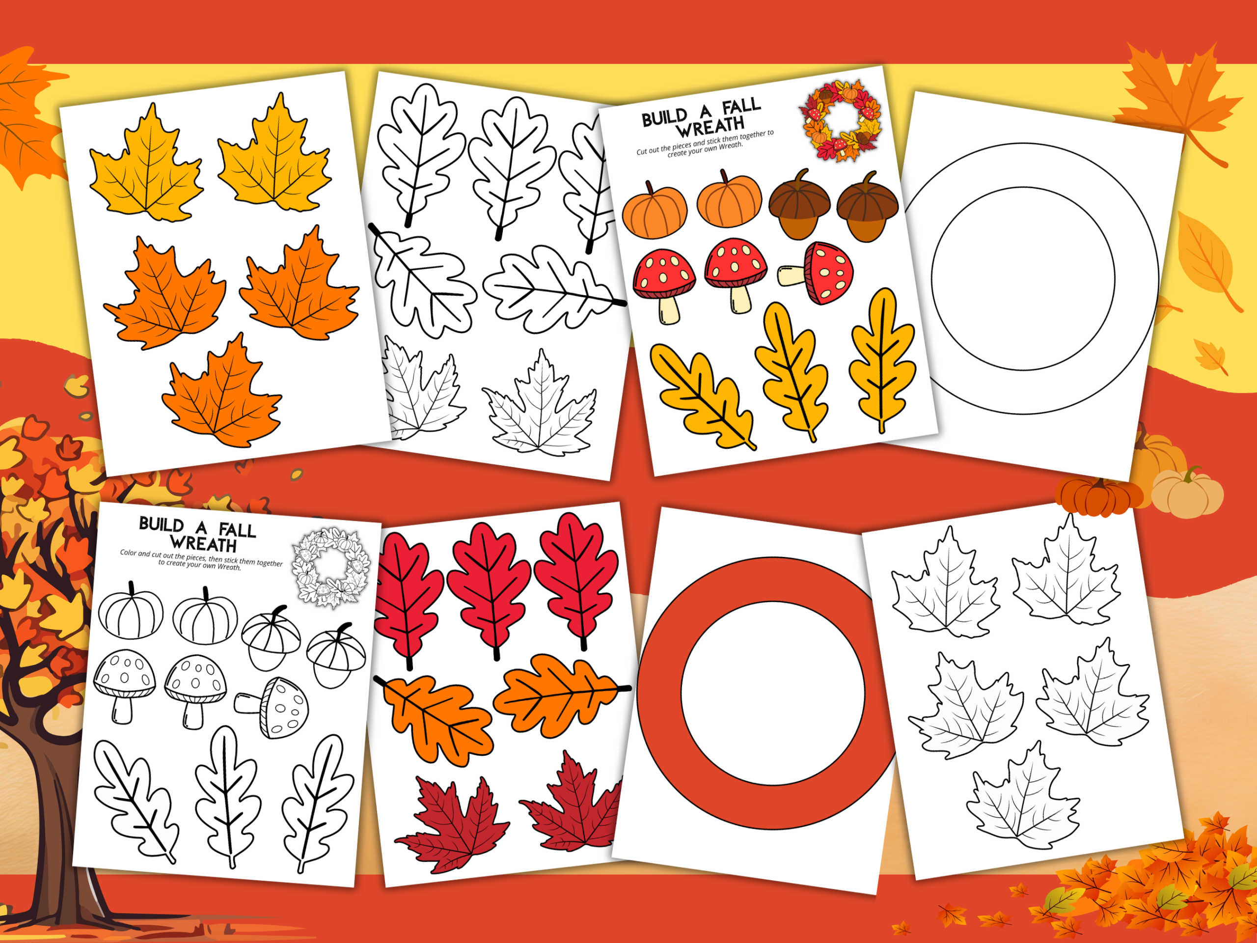 : Build a Fall Wreath printable craft for kids showing an 8-page autumn PDF set with colorful and black-and-white leaves, pumpkins, acorns, mushrooms, and printable wreath bases.