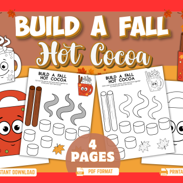 Build a Fall Hot Cocoa printable craft for kids featuring four PDF pages with color and black-and-white cut-and-paste hot cocoa mug pieces, marshmallows, cinnamon sticks, steam, and autumn leaves.
