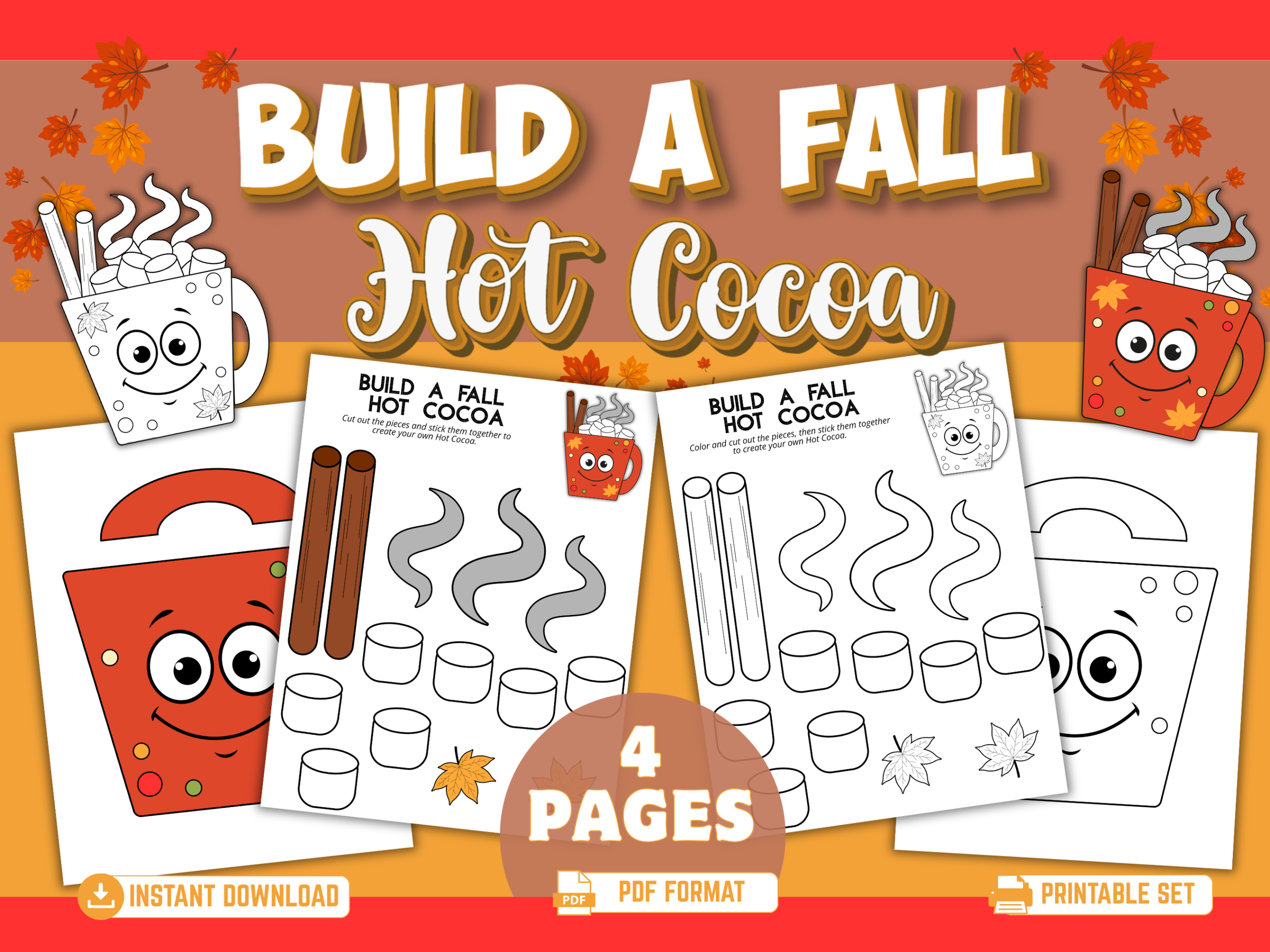 Build a Fall Hot Cocoa printable craft for kids featuring four PDF pages with color and black-and-white cut-and-paste hot cocoa mug pieces, marshmallows, cinnamon sticks, steam, and autumn leaves.