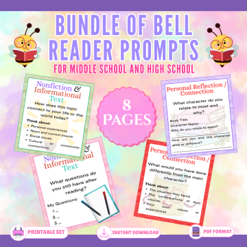 Bundle of printable bell reader prompts for middle school and high school ELA classrooms. mockup