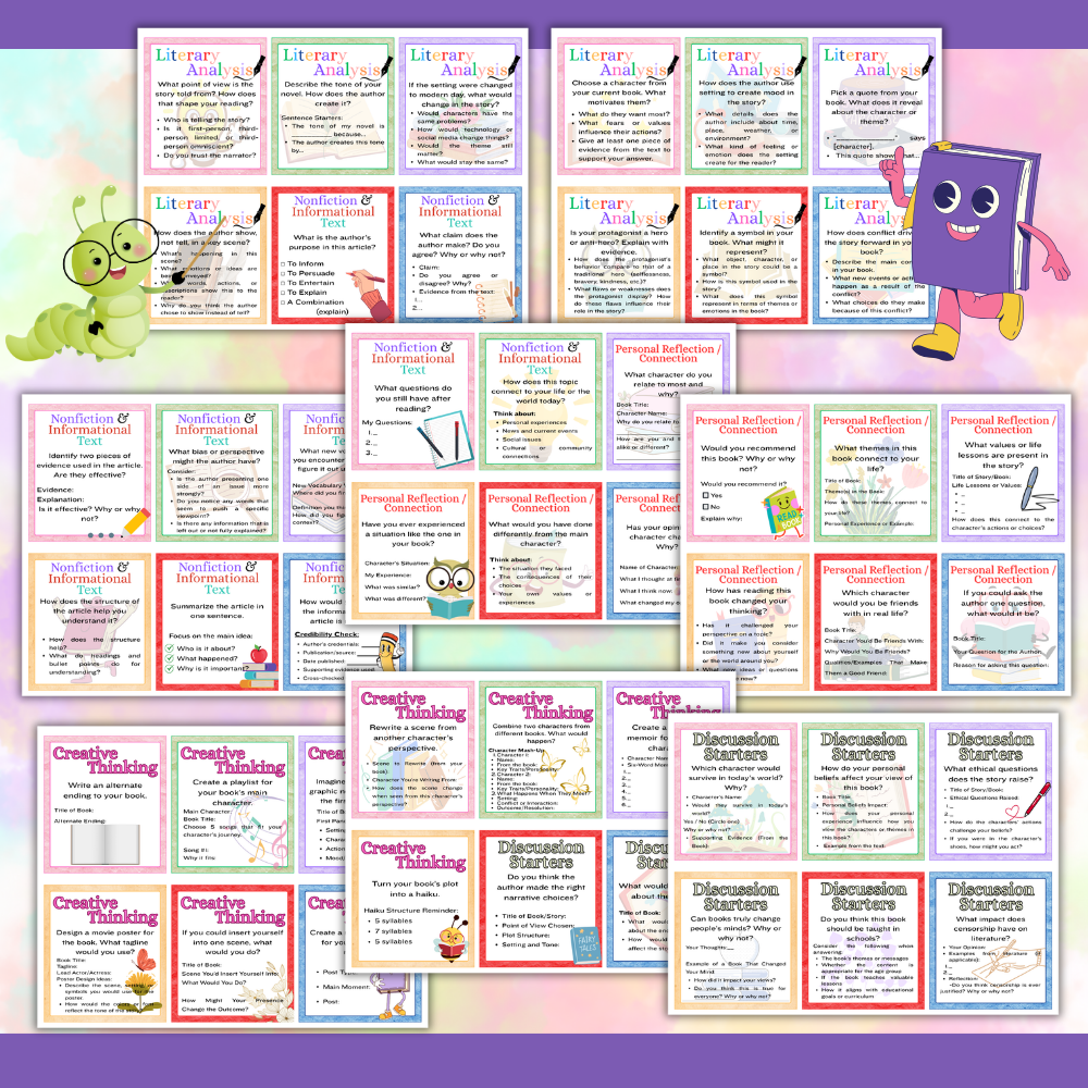 Bundle of printable bell reader prompts for middle school and high school ELA classrooms. mockup