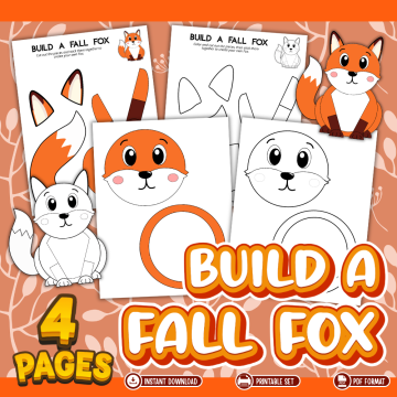 Printable fall fox craft showing fox face, body, ears and tail pieces in color and black-and-white versions for preschool cutting, coloring and assembling.